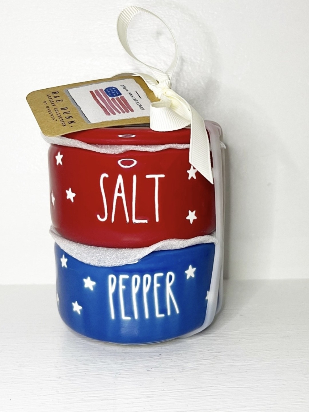 Rae Dunn Red Salt & Blue Pepper Stackable Canisters